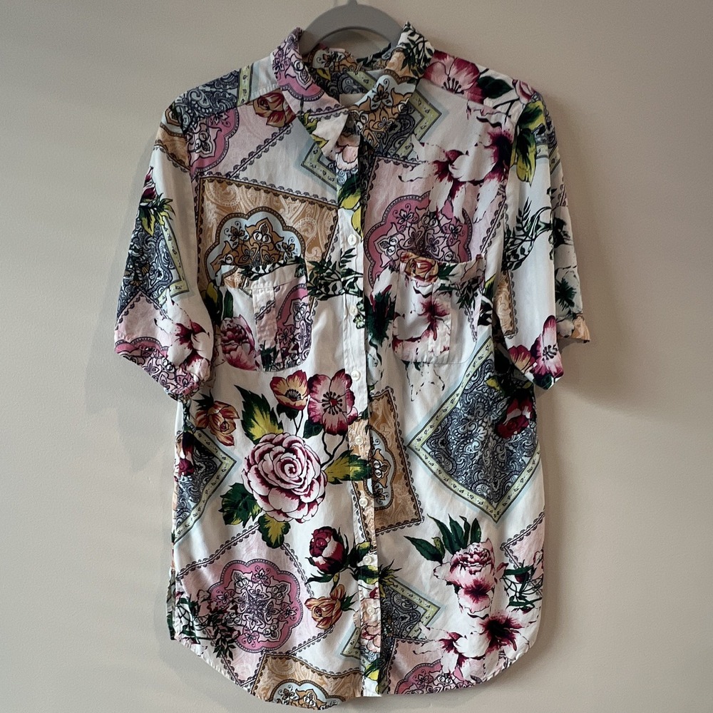 chico's women size 2 woven button up collared floral multicolor modal blend